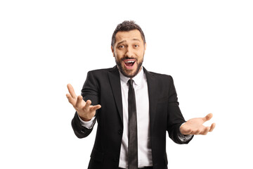 Surprised businessman gesturing with hands