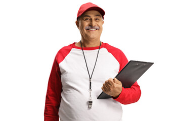 Mature baseball coach holding a clipboard and smiling