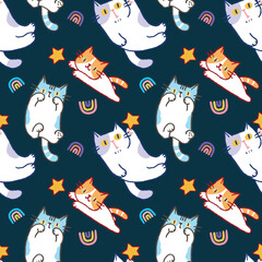 Seamless Pattern with Cute Cartoon Cat, Star and Rainbow Design on Dark Blue Background