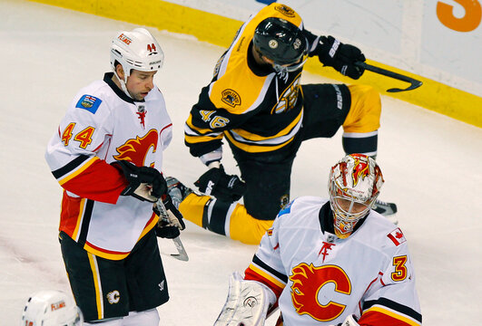 Boston Bruins' Krejci celebrates scoring a goal against Calgary Flames goalie Irving as Flames' Butler reacts during their NHL hockey game in Boston