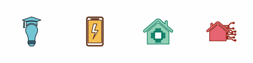 Set Light bulb and graduation cap, Mobile charging battery, Smart home and icon. Vector