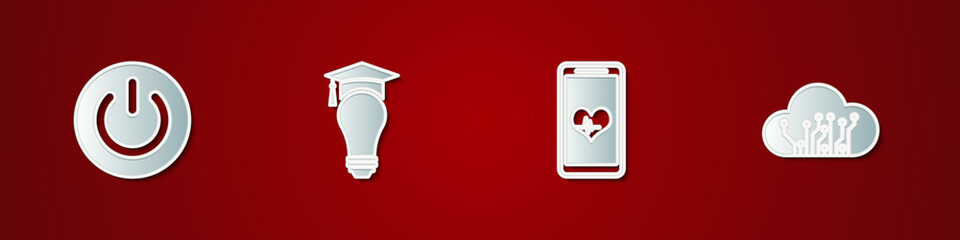 Set Power button, Light bulb and graduation cap, Mobile with heart rate and Internet of things icon. Vector