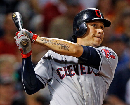 Cleveland Indians' Cabrera follows through on a two-run home run against the Boston Red Sox during their MLB American League baseball game in Boston