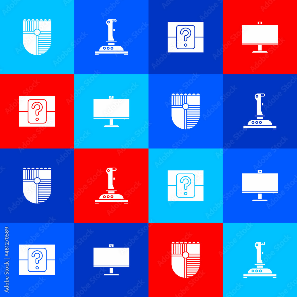 Poster set shield for game, joystick arcade machine, mystery random box and computer monitor icon. vector