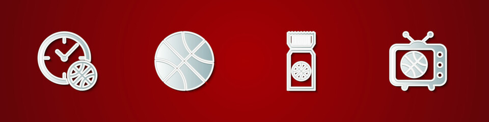 Set Clock with basketball ball, Basketball, game ticket and match on tv icon. Vector