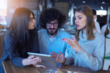 Executives during friendly discussion, month reporting, creative meeting. Concept of business, finance, occupation, job