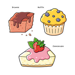 Chocolate brownie cake piece, blueberry muffin and cheesecake slice with strawberry isolated cartoon vector, sweet dessert pastry confection set.