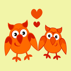 two owls in love with hearts. Cartoon birds. Pastiche. Children drawing