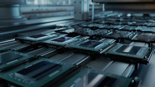 Macro Shot of Production Line with Computer Processors on Electronics Factory. Microchip Production Process.