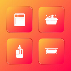 Set Kitchen dishwasher machine, Plastic basin with soap suds, Fabric softener and Bathtub icon. Vector