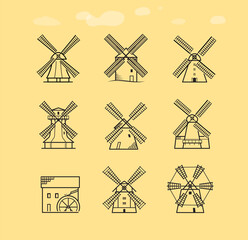 Set of mills icons. Vector outline illustration is editable and suitable for any scale. Ideal for packaging, promo, advertising. EPS10.