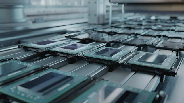 Macro Shot of Rows of Computer Processors on Production Line on Electronics Factory. Microchip Production Process.
