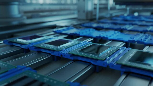 Shot of Production Line with Computer Processors on Electronics Factory. Microchip Production Process.