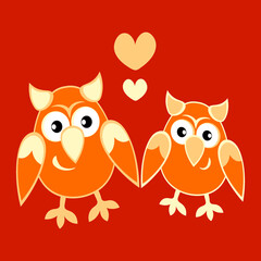 two owls in love with hearts. Cartoon birds. Pastiche. Children drawing