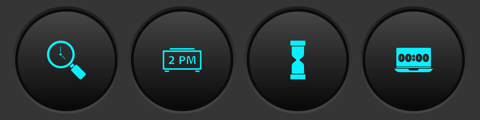 Set Magnifying glass with clock, Digital alarm, Old hourglass and Clock on laptop icon. Vector