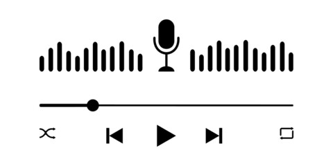 Podcast player interface with microphone, sound wave, loading progress bar and buttons. Audio player panel template for mobile app. Vector graphic illustration.