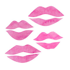 Watercolor set of illustrations. Lips, kisses, lipstick. Collection of romantic elements for graphic design. Love