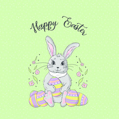 Happy Easter greeting card with cute cartoon bunny, eggs and text. Concept vector illustration.