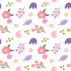 Seamless Pattern of Hand Drawn Flower and Leaf Art Design on White Background