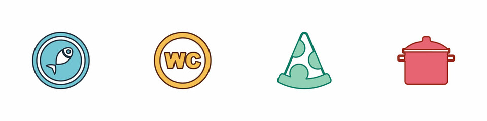 Set Served fish on a plate, Toilet, Slice of pizza and Cooking pot icon. Vector