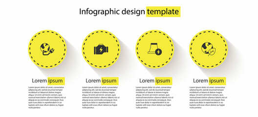 Set Global energy power planet, Check engine, Nuclear plant and Earth globe and leaf. Business infographic template. Vector