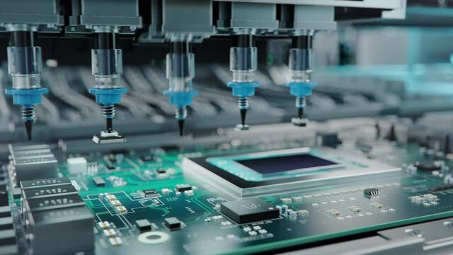 Automatic Pick and Place machine installs Components on Circuit Board. Assebly Line on Electronics and Circuit board Manufacturing Factory.