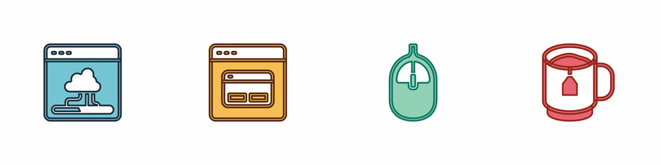 Obraz premium Set Cloud technology data transfer, Search engine, Computer mouse and Cup of tea with tea bag icon. Vector