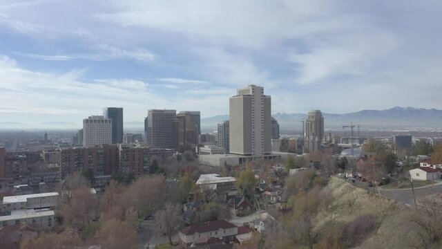 Aerial Orbiting drone shot of downtown Salt Lake city