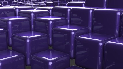 Obraz premium Abstract background with waves made of a lot of purple cubes geometry primitive forms that goes up and down under black-white lighting. 3D illustration. 3D CG. High resolution.