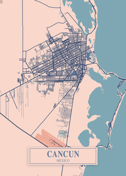 Cancun city map poster print. Detailed map of Cancun (Mexico).
