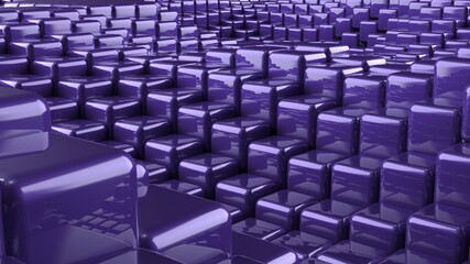 Obraz premium Abstract background with waves made of a lot of purple cubes geometry primitive forms that goes up and down under black-white lighting. 3D illustration. 3D CG. High resolution.