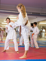 Sporty teenager girls practicing karate in pairs during group self defence course in gym © JackF