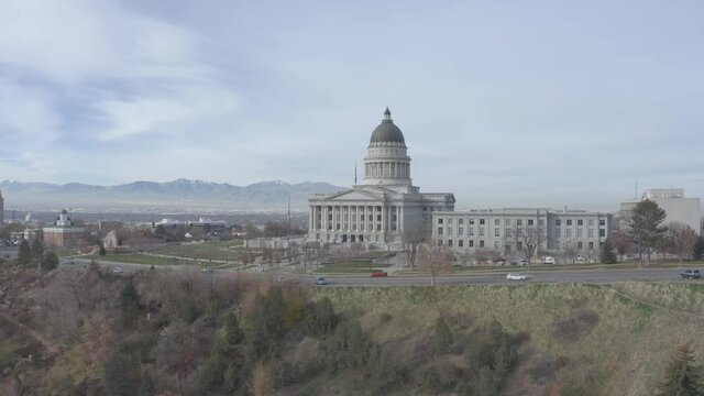 Orbiting aerial drone shot of Utah capitol building in Salt Lake City, UT