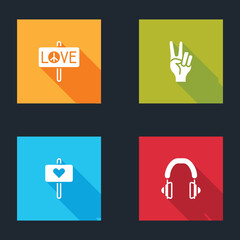 Set Peace, symbol, and Headphones icon. Vector