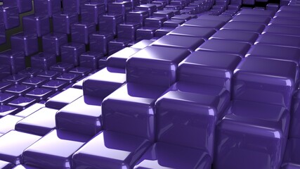 Obraz premium Abstract background with waves made of a lot of purple cubes geometry primitive forms that goes up and down under black-white lighting. 3D illustration. 3D CG. High resolution.