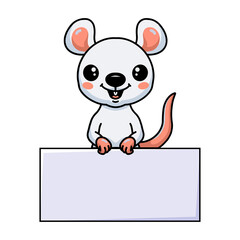 Cute little white mouse cartoon with blank sign