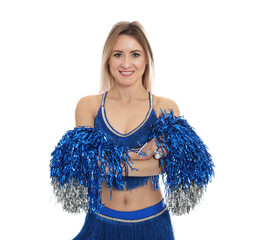 Beautiful cheerleader in costume holding pom poms on white background