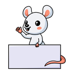Cute little white mouse cartoon with blank sign