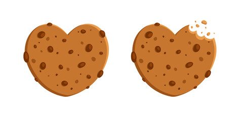 Heart shaped cookie  . Cookie flat design. Сhocolate chip cookie. Traditional cookies with chocolate chips. Bitten, broken, cookie crumbs. Vector illustration in cartoon flat style.