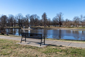Bob Noble Park in Paducha Kentucy in the winter. Bench and pond shown