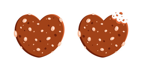 Heart shaped cookie. Cookie flat design. Сhocolate cookie with nuts. Bitten, broken, cookie crumbs. Vector illustration in cartoon flat style.