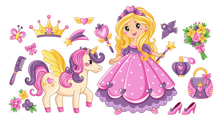 Set of beautiful princess and unicorn. Cute girl with flower, perfume, crown, accessories and pet. Stickers with fairy tale character. Cartoon flat vector collection isolated on white background