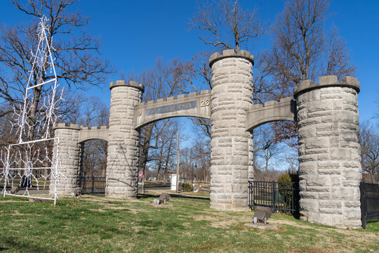 Paducha, Kentucky - January 10, 2022: Famous castle gates entrance to Bob Noble Park, a large public park in the city