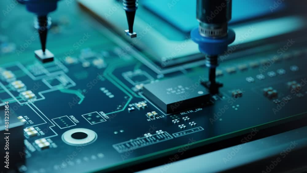 Wall mural macro shot of automatic pick and place machine quickly installs components on circuit board. electro