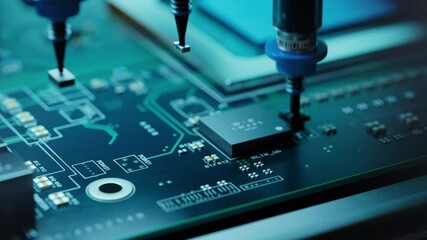 Macro Shot of Automatic Pick and Place machine quickly installs Components on Circuit Board. Electronics and Circuit board Manufacturing Factory. Loopable. - Powered by Adobe