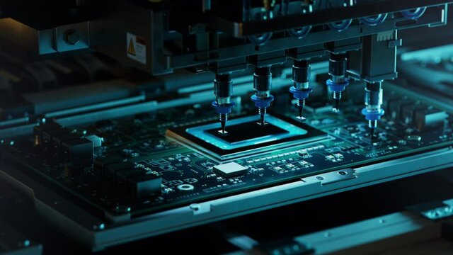 Automatic Pick and Place machine quickly installs Components on Circuit Board. Electronics and Circuit board Manufacturing Factory. Loopable.