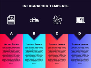 Fototapeta premium Set line Medical certificate for dog or cat, Dog and pills, Veterinary clinic and Clinical record on laptop. Business infographic template. Vector