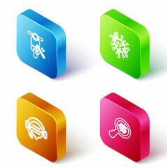 Set Isometric line Scooter service, Bacteria, Headphones with speech bubble chat and Microorganisms under magnifier icon. Vector