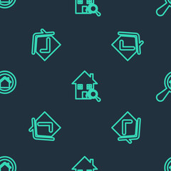 Set line Search house, House with check mark and on seamless pattern. Vector