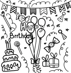 A large set of festive illustrations.  For birthday parties, various gifts, candy gifts and cakes. Hand-drawn.